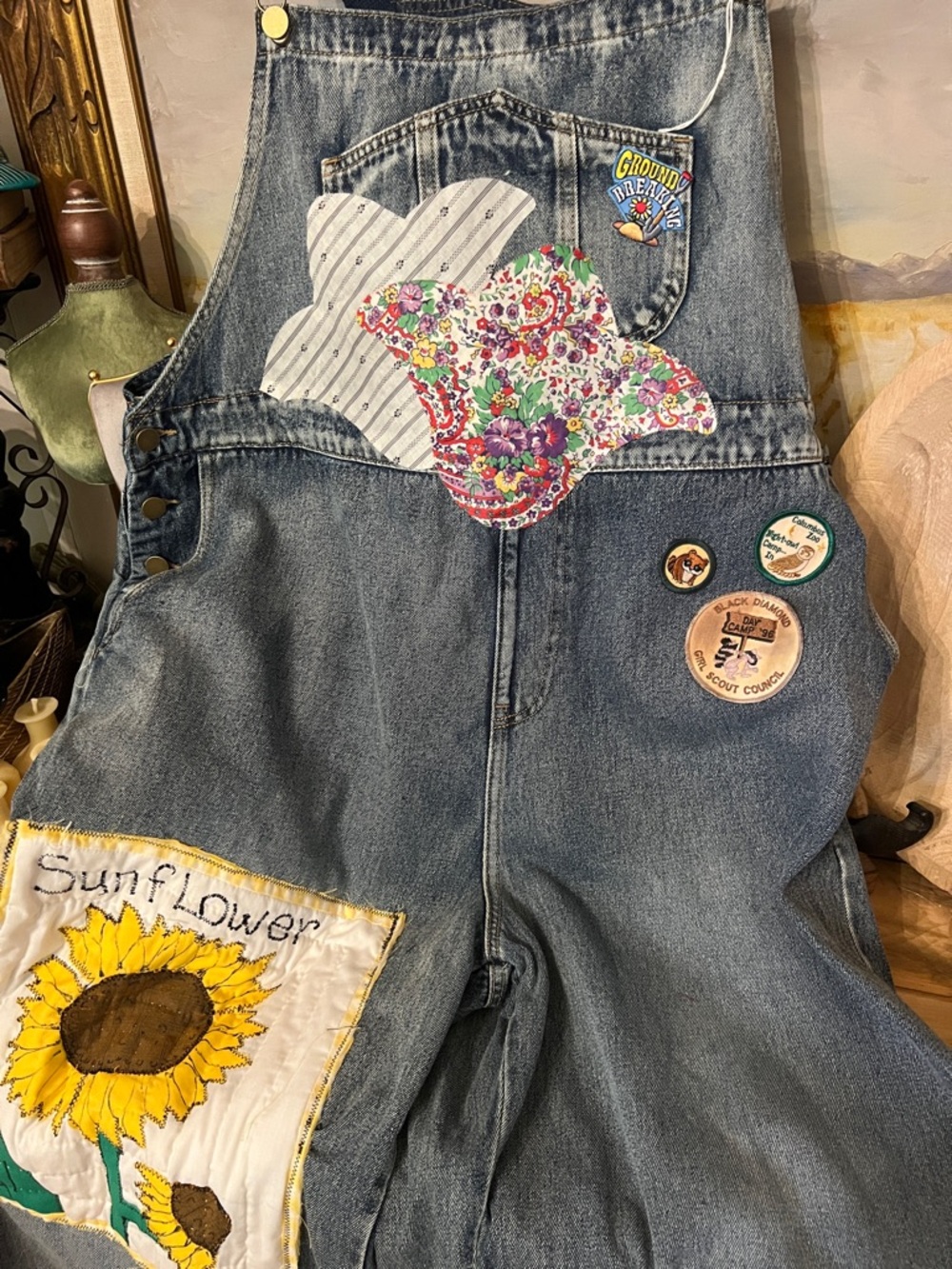 OOAK Vintage Gardening Eclectic Grandpa Upcycle Overalls Quilted Poppy - Picture 7 of 12